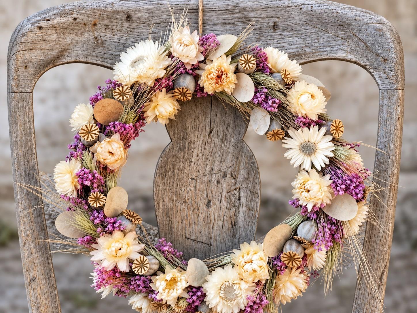 Couronne de fleurs séchées, immortelles et statices, accrochée au dossier d’une chaise ancienne.