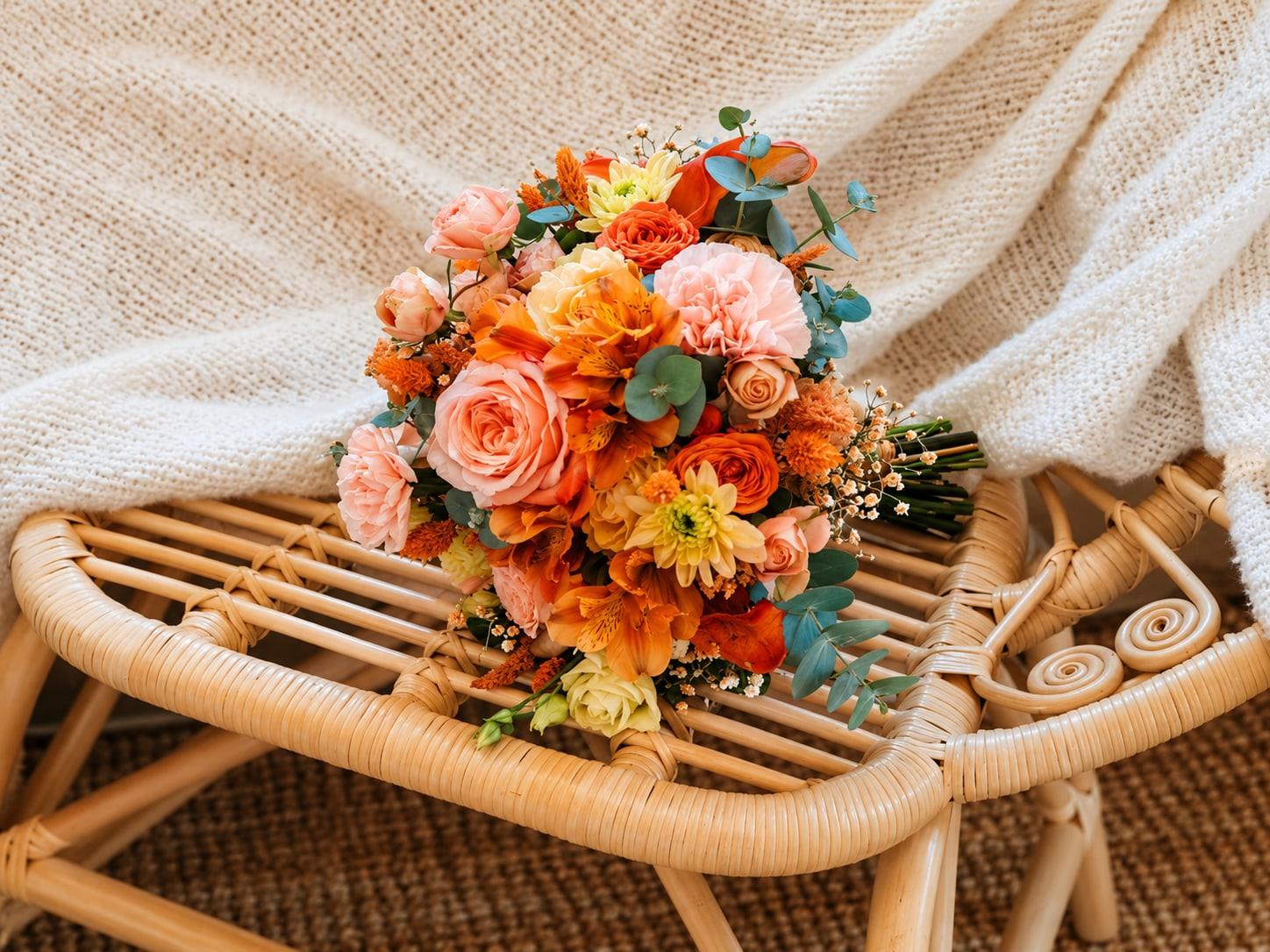 Bouquet de mariée aux tons corail et pêche, roses et eucalyptus, posé sur un tabouret en rotin.
