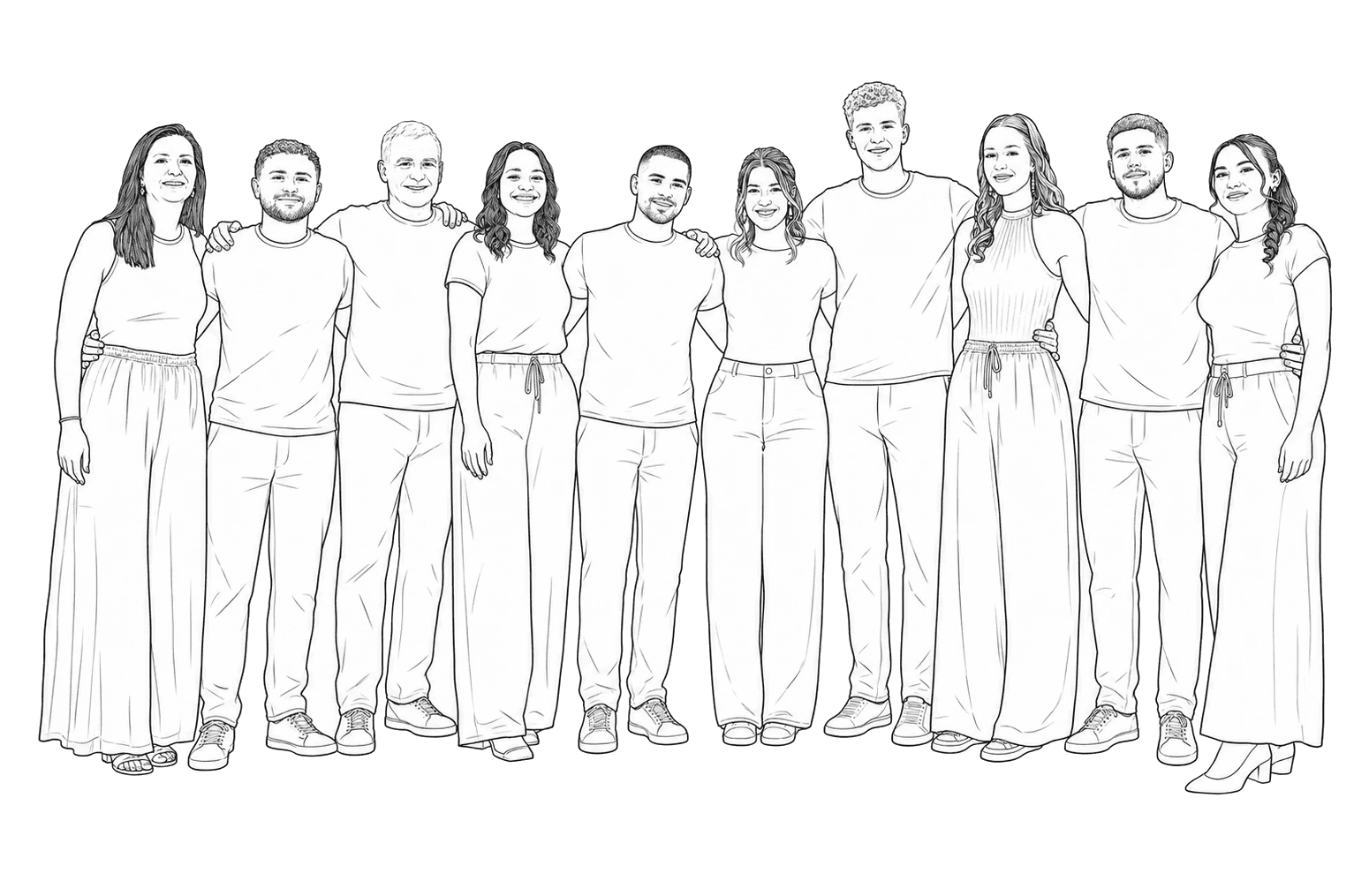 Dessin au trait de la famille du Hameau des Sources : dix personnes côte à côte, bras dessus bras dessous.