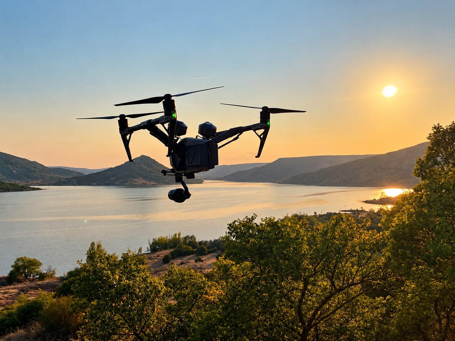 Drone de prise de vue en vol au-dessus du lac, au soleil couchant.