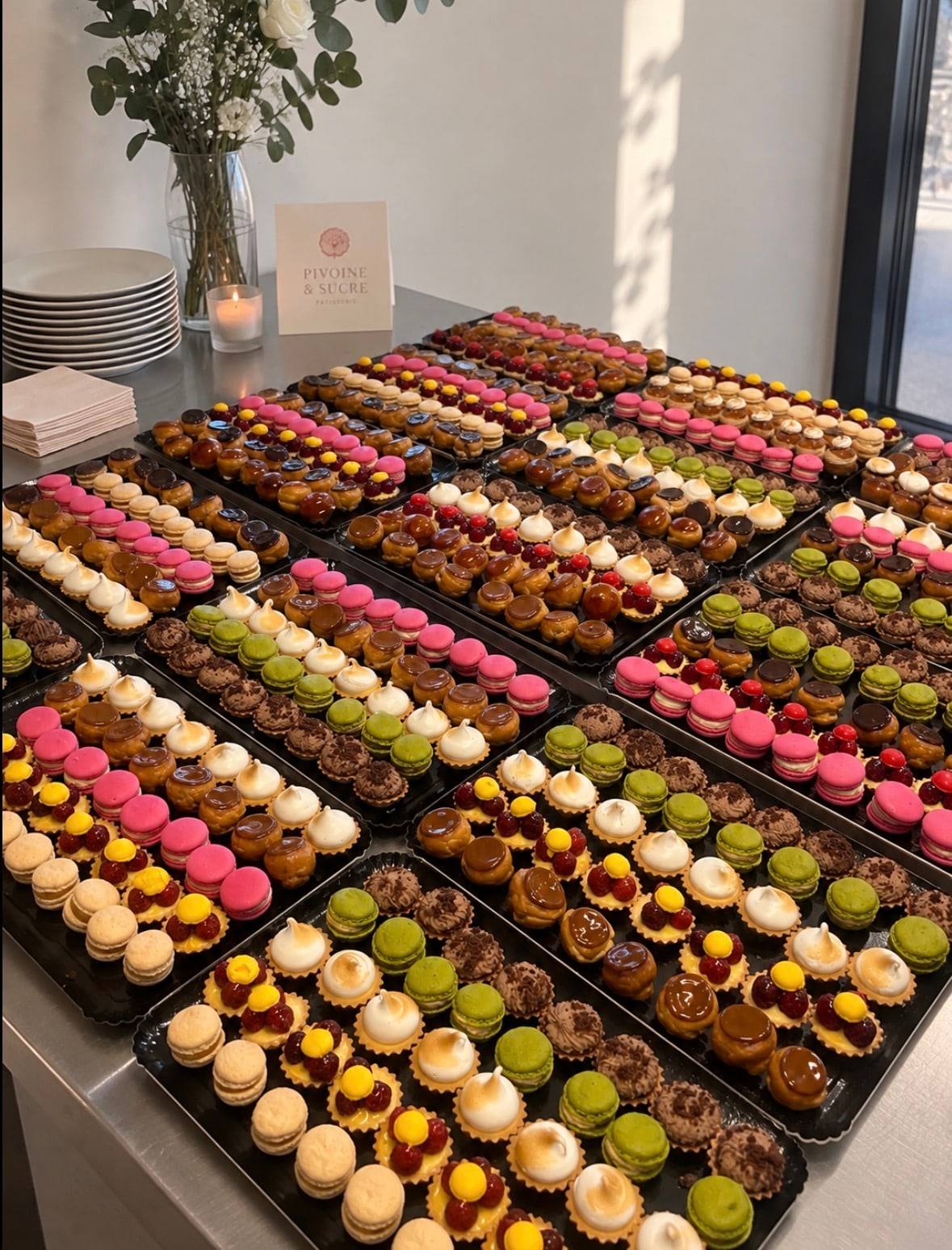 Plateaux de mignardises Pivoine et Sucre : macarons, choux caramel et tartelettes aux fruits.