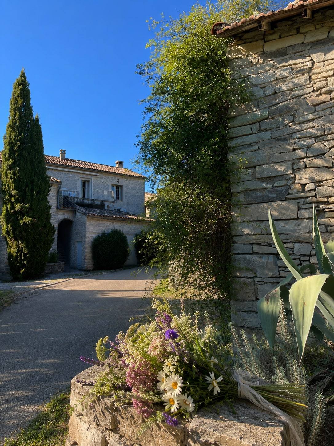 Allée du hameau entre les murs de pierre fleuris, sous le ciel bleu.