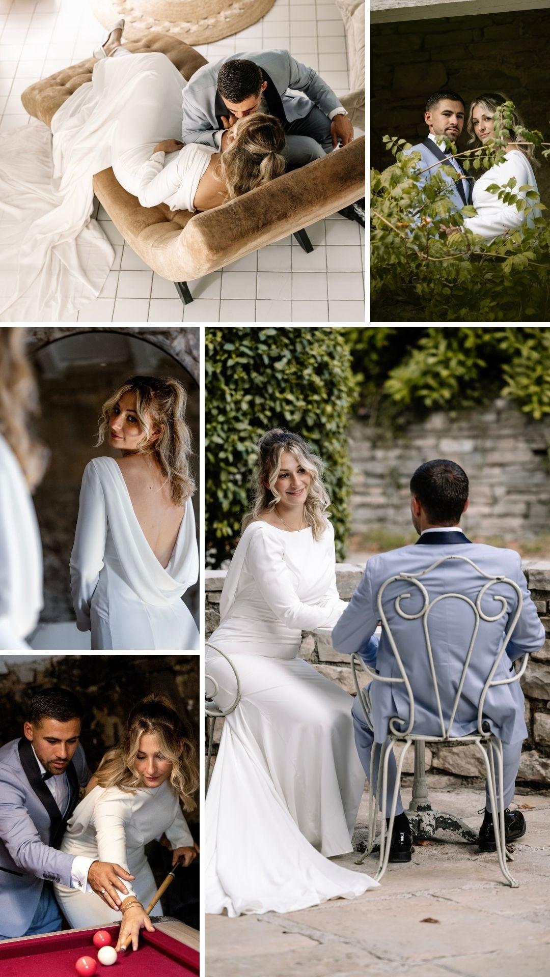 Cinq instants du mariage : les mariés sur la banquette, dans la verdure, la mariée de dos, une partie de billard, et le couple attablé au jardin.