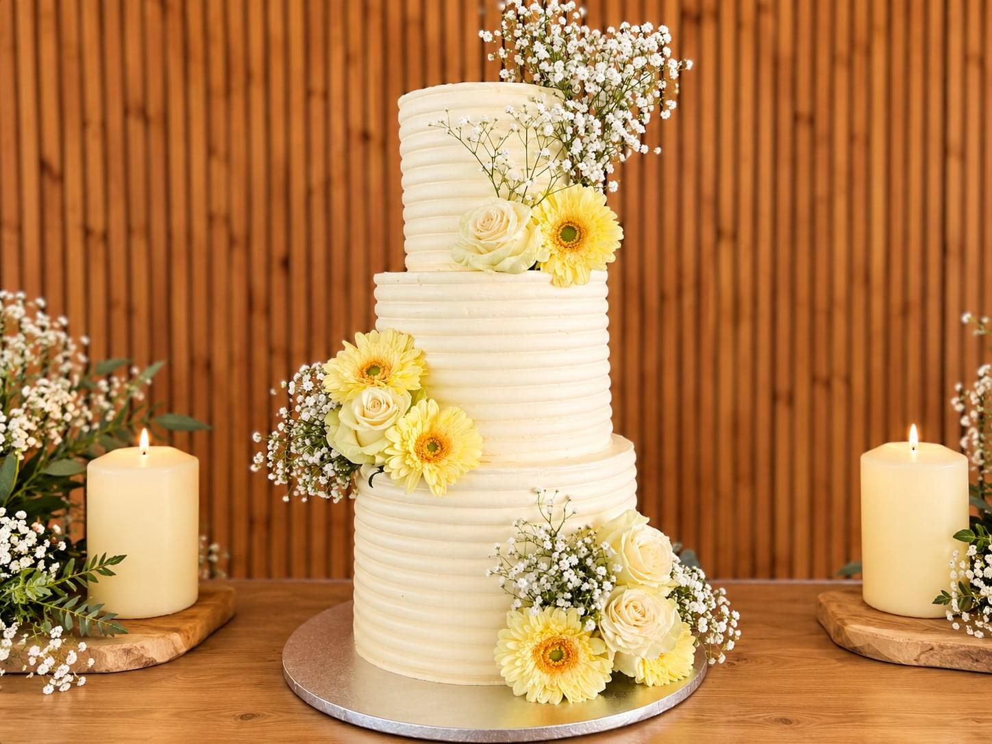 Gâteau de mariage à trois étages, crème ivoire, roses blanches et gerberas jaunes.