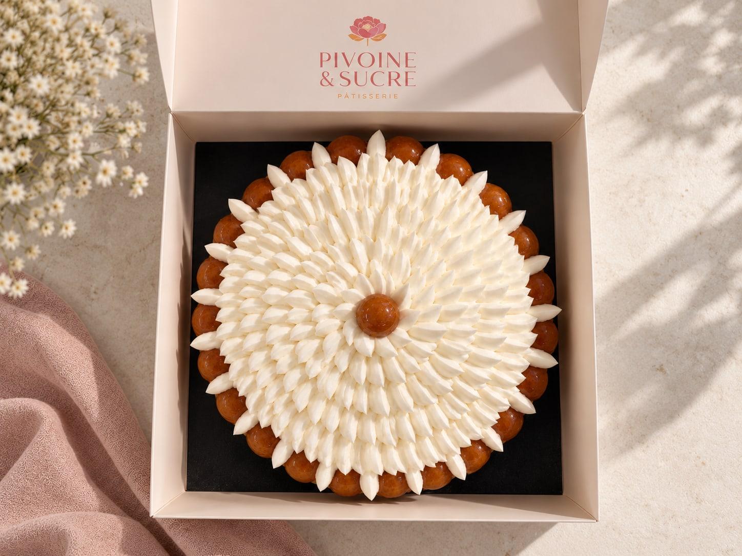 Tarte aux pétales de crème dans sa boîte Pivoine et Sucre.