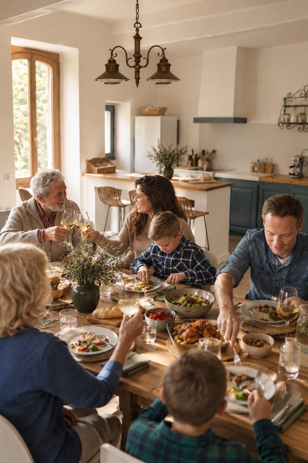 Trois générations réunies autour de la grande table du mas, verres levés et plats partagés.