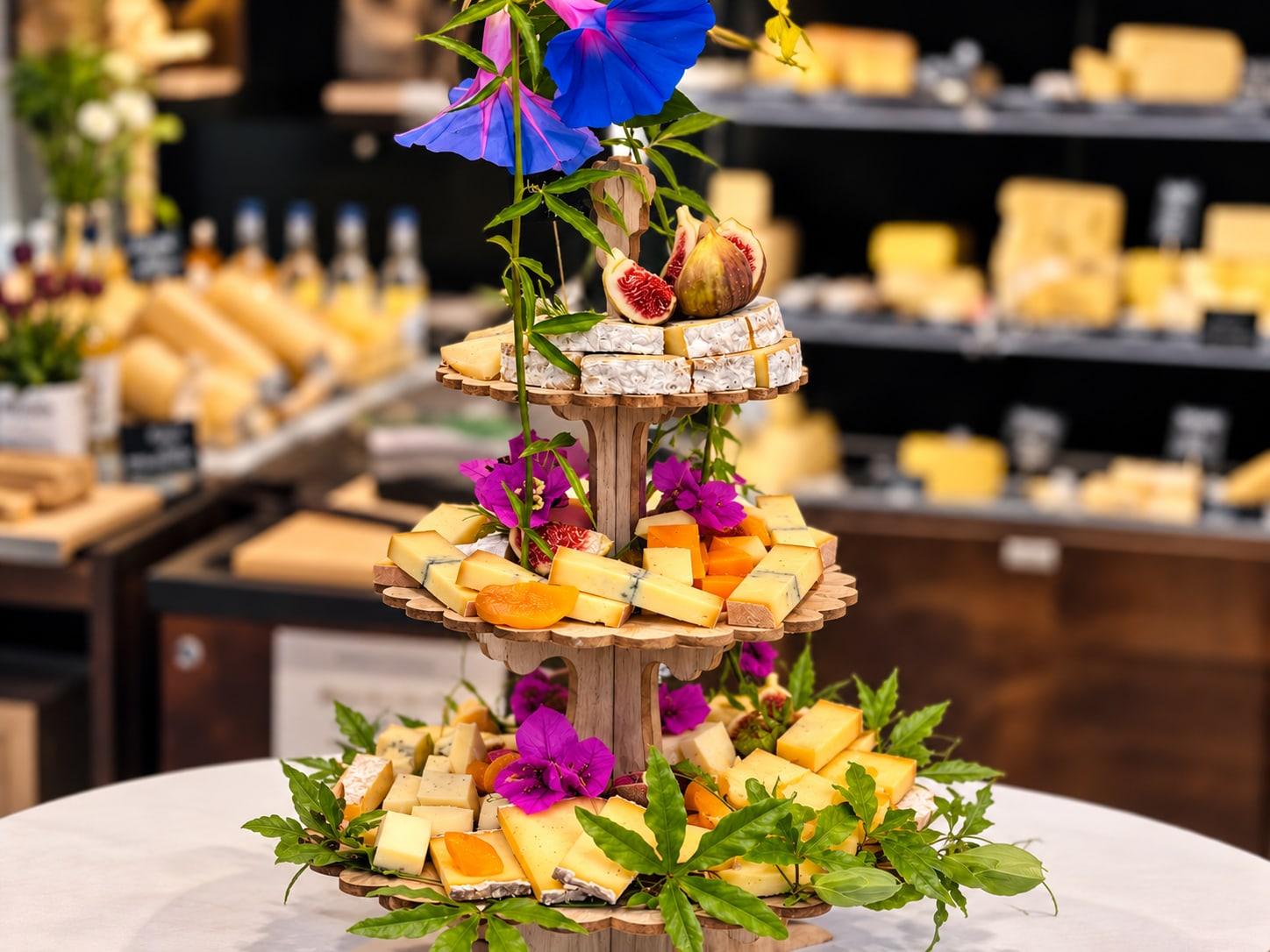 Pièce montée de fromages sur présentoir en bois, figues fraîches et fleurs.